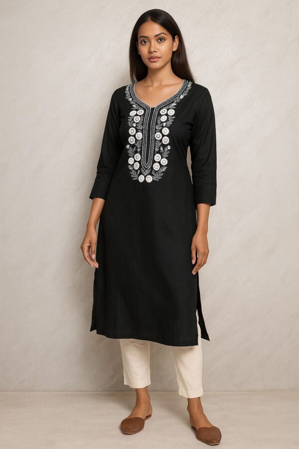 Black Cotton Embroidered Kurti