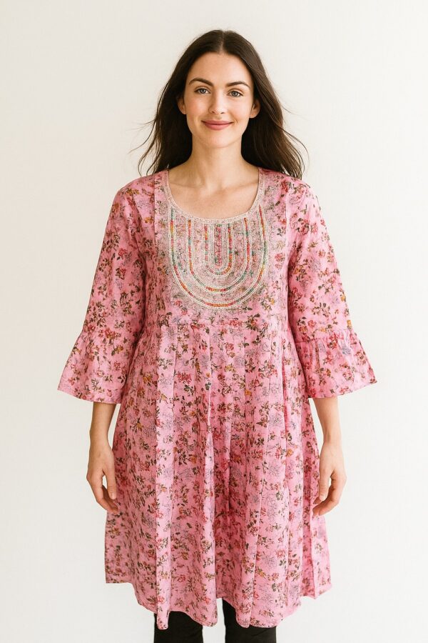 Pink Floral A-Line Kurta
