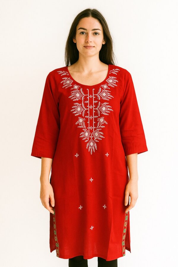 Bright Red Geometric Embroidered Kurta
